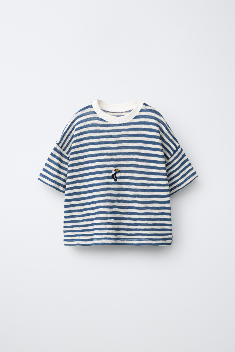 ZARA ФУТБОЛКА В ПОЛОСКУ С ВЫШИВКОЙ, СИНИЙ