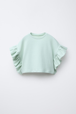 ZARA ФУТБОЛКА С ВОЛАНАМИ, ПАСТЕЛЬНО-ЗЕЛЕНЫЙ