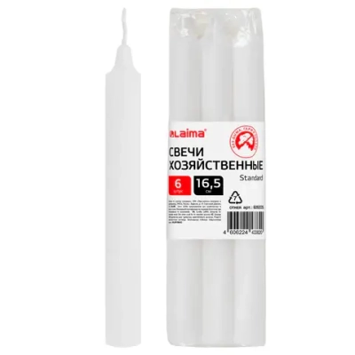 Свечи хозяйственные Standard, до 5 часов, КОМПЛЕКТ 6шт, H=165мм, D=16мм, в пленке, LAIMA