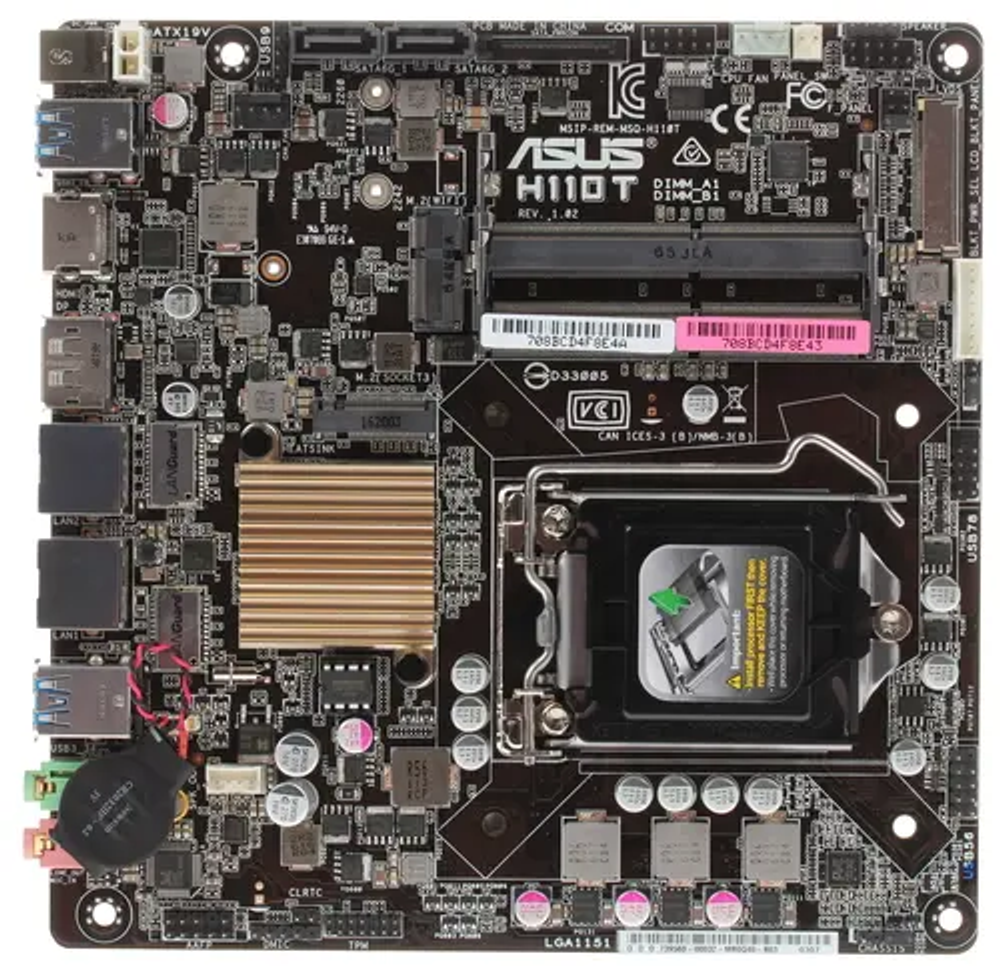 Мат. плата ASUS H110T LGA1151 &lt;H110&gt; HDMI+DP 2xGbLAN SATA Mini-ITX 2DDR4 SODIMM