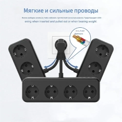 HITRENDS Сетевой фильтр EU 4 розетки + 2USB + Type-C, 250V/16A/3840W, компактный (5см), безопасное подключение для нескольких устройств