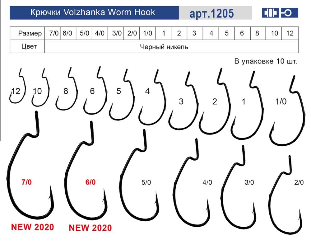 Крючки "Volzhanka Worm Hook" # 8 (10шт/уп) по 5 упаковок