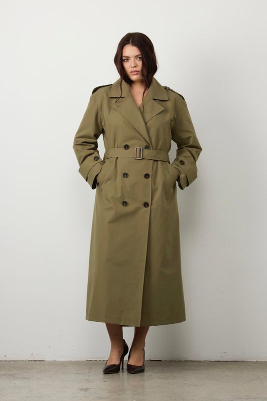 Тренч двубортный удлиненный, хаки