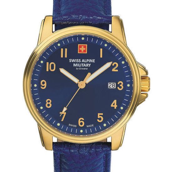 С ремешком Мужские наручные часы с синим кожаным ремешком Swiss Alpine Military 7011.1515 mens 40mm 10ATM