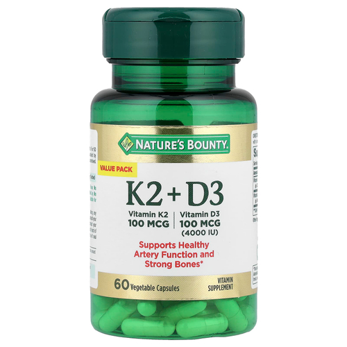 Nature's Bounty, витамины K2 и D3, 60 растительных капсул