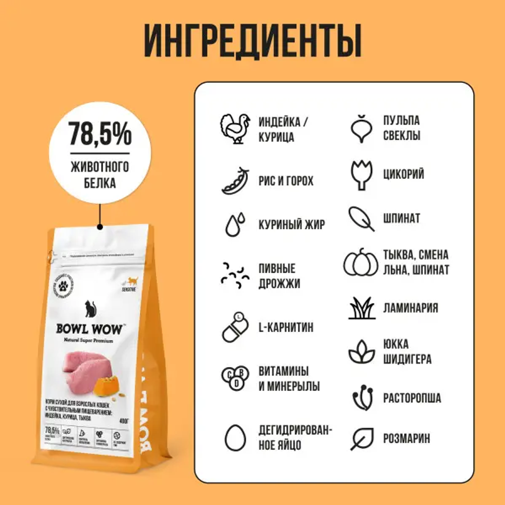 Bowl wow корм сухой для взрослых кошек с чувствительным пищеварением: индейка, курица, тыква