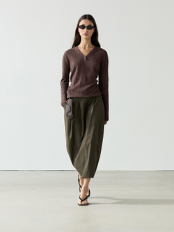 Massimo Dutti Вязаный льняной свитер с пуговицами, шоколадный