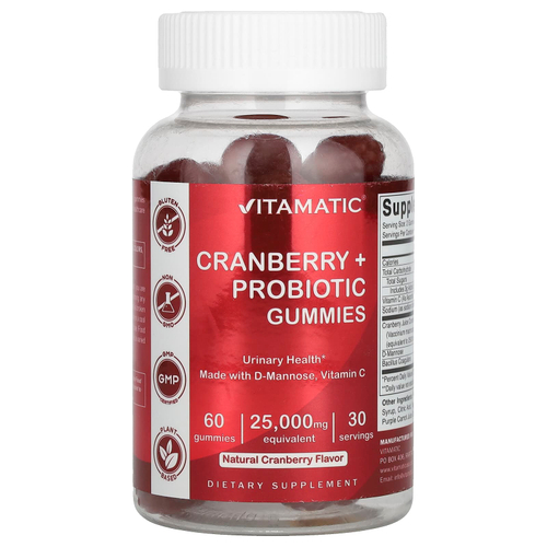 Vitamatic, жевательные таблетки с клюквой и пробиотиком, со вкусом натуральной клюквы, 60 жевательных таблеток