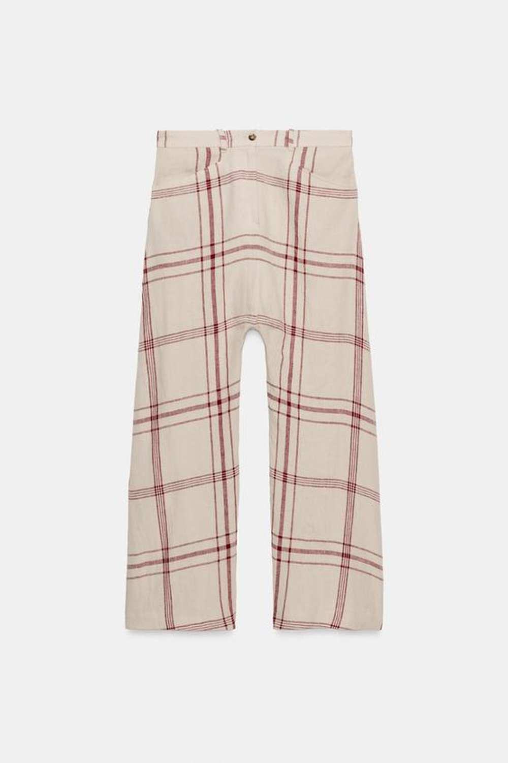 ZARA БРЮКИ БАГГИ ИЗ ЛЬНА В КЛЕТКУ — ZW COLLECTION, ЭКРЮ/КРАСНЫЙ