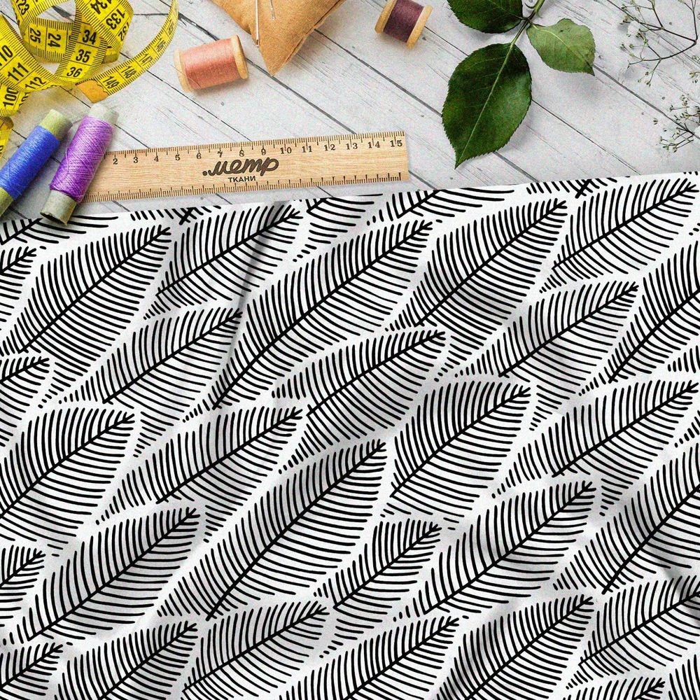 Ткань таффета плотный рисунок чёрно-белого папоротника