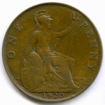 1 пенни 1920 год. Великобритания (Георг V). Бронза, диаметр 30.8 мм. VF