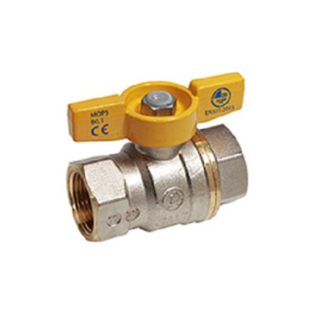 Кран шаровой для газа, полнопроходной, 3/4”, ручка-бабочка, желтая, ВР-ВР, никелированный