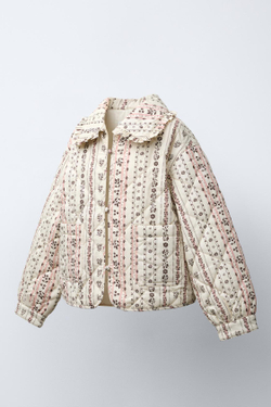 ZARA СТЕГАНАЯ КУРТКА С ПРИНТОМ, СВЕТЛО-БЕЖЕВЫЙ