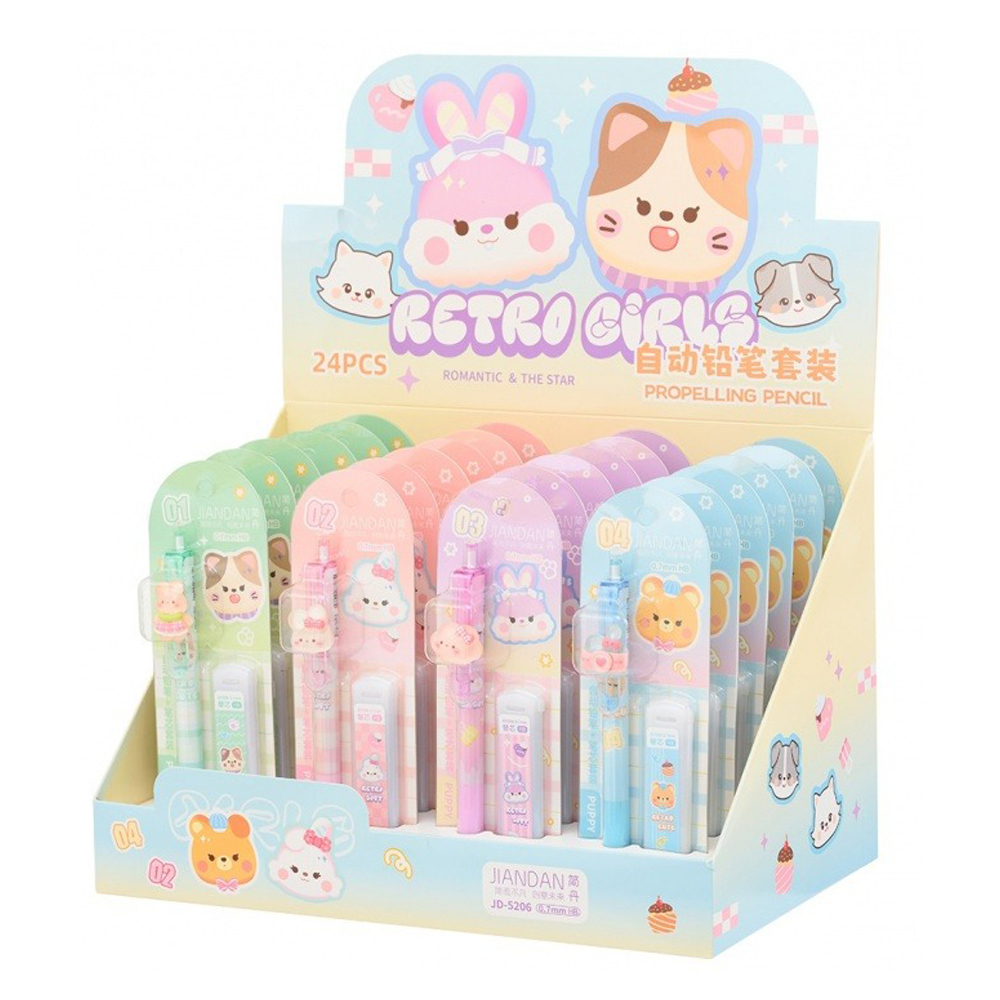 Карандаш автоматический, чернографитный, JIANDAN, с запасными грифелями, 4 цвета корпуса с зайчиками, 24 шт