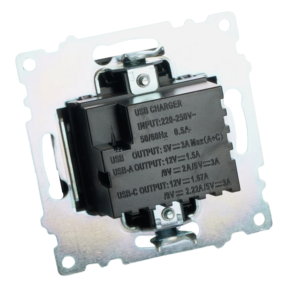 Розетка 2-местная USB + type C (механизм), STEKKER GLS10-7116-05, 250B, 3А, серия Катрин, черный 50055