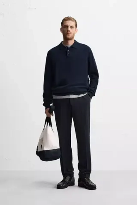ZARA ШЕРСТЯНЫЕ БРЮКИ С РЕЛЬЕФНЫМ УЗОРОМ, МОРСКОЙ СИНИЙ