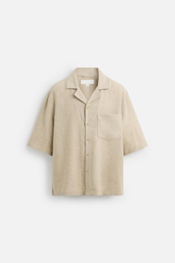 ZARA РУБАШКА ОВЕРСАЙЗ ИЗО ЛЬНА И ВИСКОЗЫ, СВЕТЛО-БЕЖЕВЫЙ