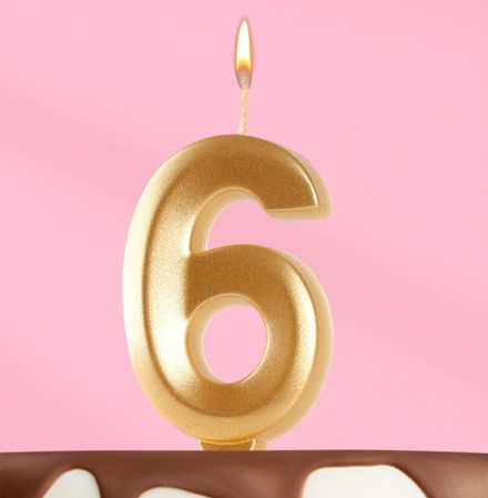 Свеча цифра "6" , золото, 6,5 см
