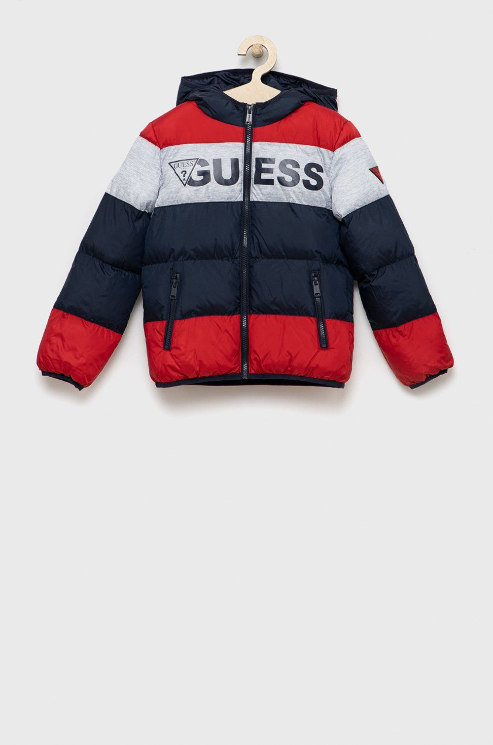 Куртка демисезонная с капюшоном GUESS Темно-синий/Красный/Серо-синий меланж/Термопринт: синий логотип Мальчик