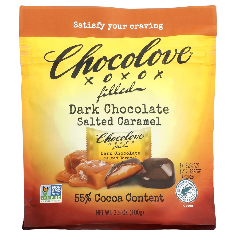 Chocolove, С начинкой, темный шоколад, соленая карамель, 55% какао, 100 г (3,5 унции)