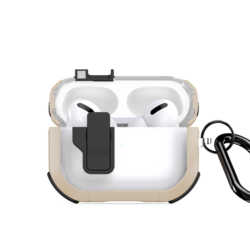 Чехол от Dux Ducis с замком для AirPods Pro 2, прозрачный с вставками золотистого цвета (GoldBlack), серия PECN Series Case, в комплекте с карабином