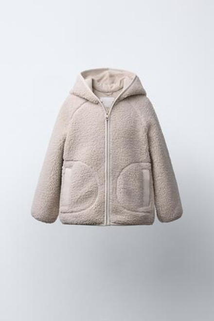 ZARA КУРТКА ИЗ ИСКУССТВЕННОЙ ОВЧИНЫ С КАПЮШОНОМ, ЭКРЮ