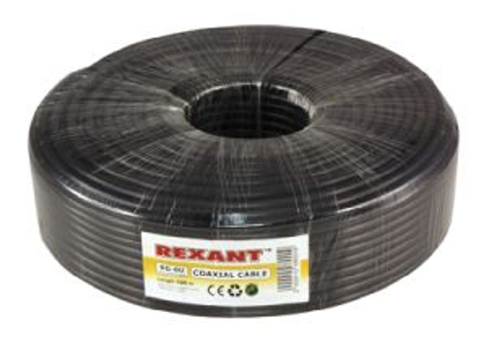 Кабель коаксиальный RG-6U, 75Ом, Cu/Al/Cu, 64%, 100м, OUTDOOR, черный REXANT