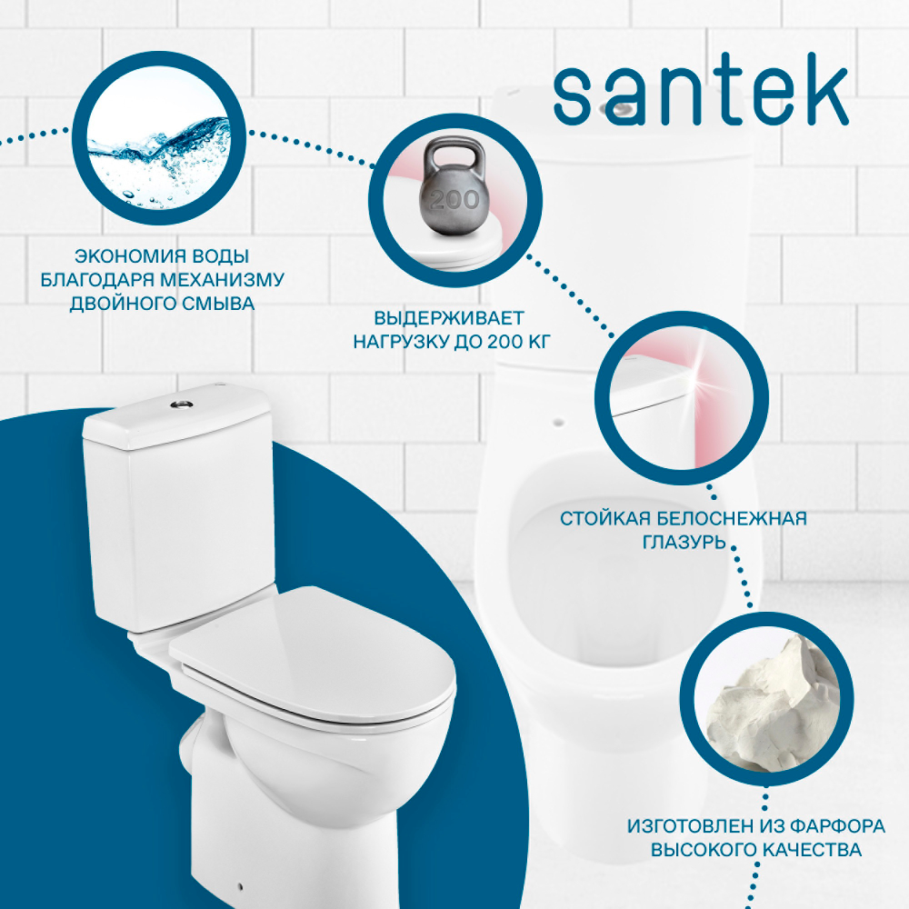 Унитаз-компакт Santek Юнион с диагональным выпуском, стандарт-2 реж., дюропласт, микролифт, тонкое, 1WH302420