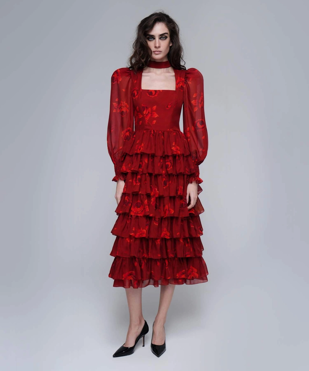 Valerie midi, платье миди из бордового шифона с крупными красными цветами