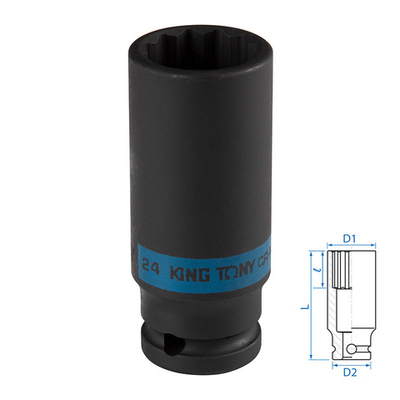 KING TONY (443024M) Головка торцевая ударная глубокая двенадцатигранная 1/2", 24 мм