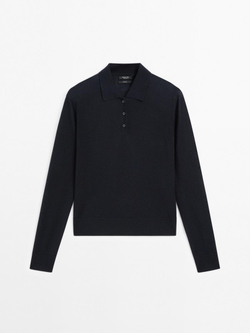 Massimo Dutti Свитер из 100% шерсти с воротником поло и пуговицами, темно-синий