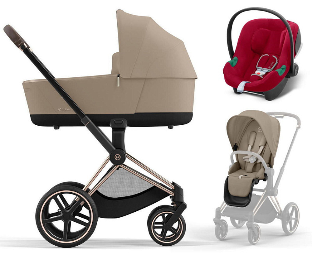 Коляска 3 в 1 Cybex Priam IV Rosegold complete и автокресло Aton B2 i-Size Dynamic Red Cozy Beige