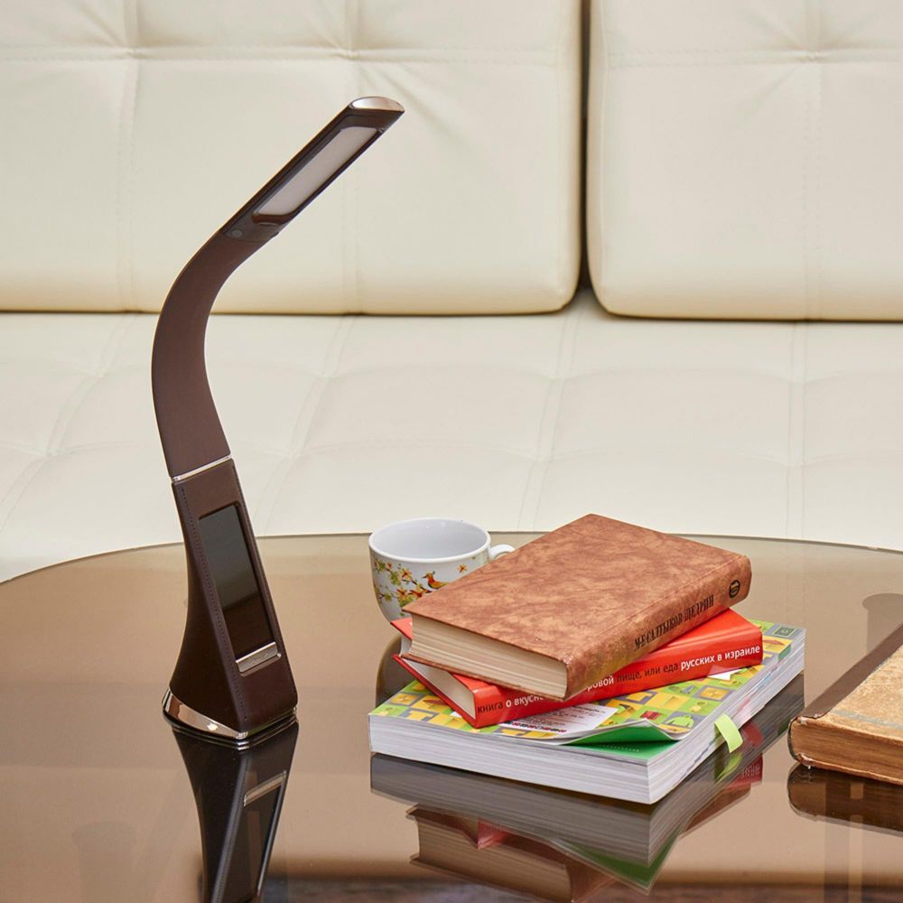 TLD-542 Brown-LED-300Lm-5000K-Dimmer Светильник настольный c часами. календарем. термометром. 5W. Сенсорный выключатель. Коричневый стилизован под кожу. TM Uniel.