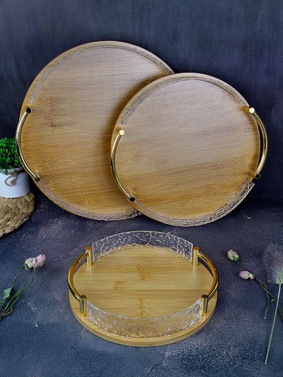 Поднос круглый 35 см. из бамбука с золотистыми ручками и бортиками из акрила