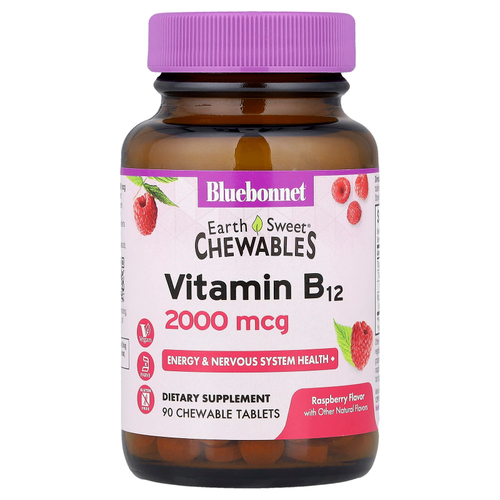 Bluebonnet Nutrition, Earth Sweet®, жевательные таблетки, витамин B12, малина, 2000 мкг, 90 жевательных таблеток