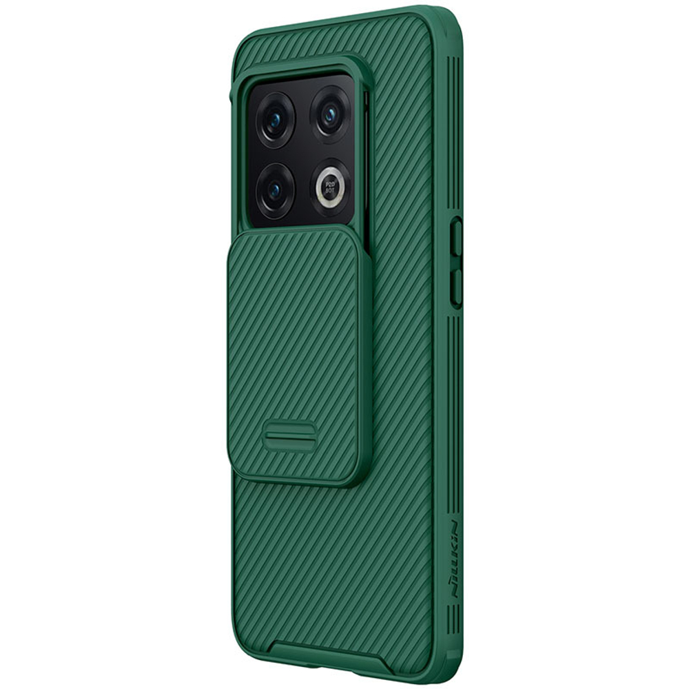 Двухкомпонентный чехол зеленого цвета на OnePlus 10 Pro от Nillkin, серия CamShield Pro Case, с сдвижной шторкой для камеры