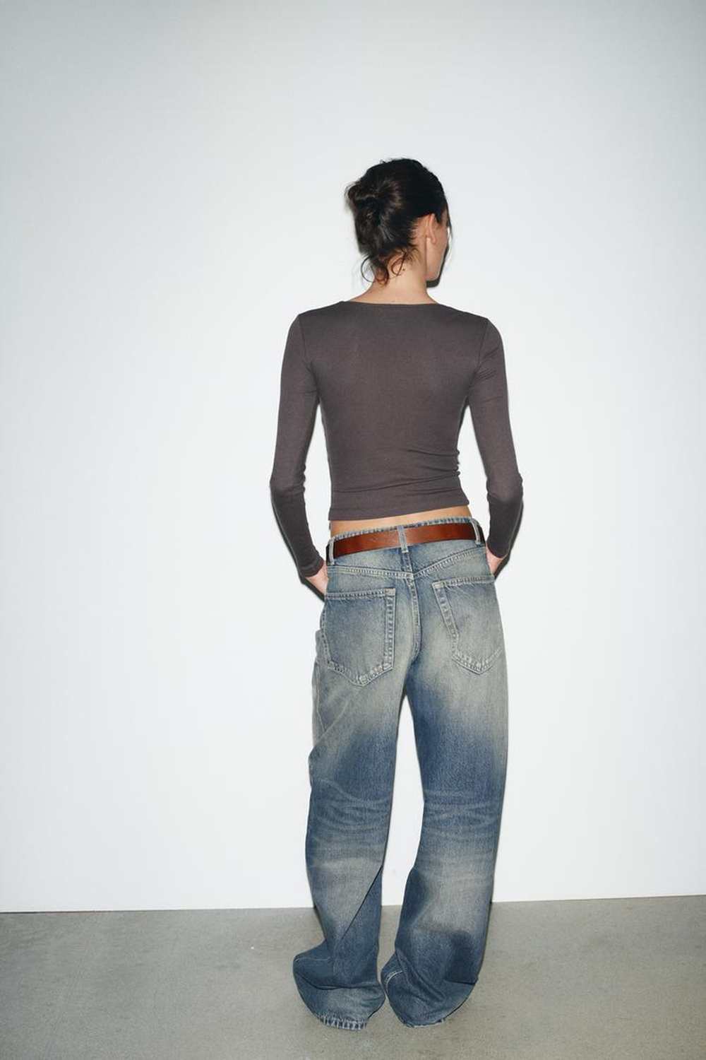 ZARA ТОП В РУБЧИК С ДЛИННЫМИ РУКАВАМИ, КОРИЧНЕВЫЙ