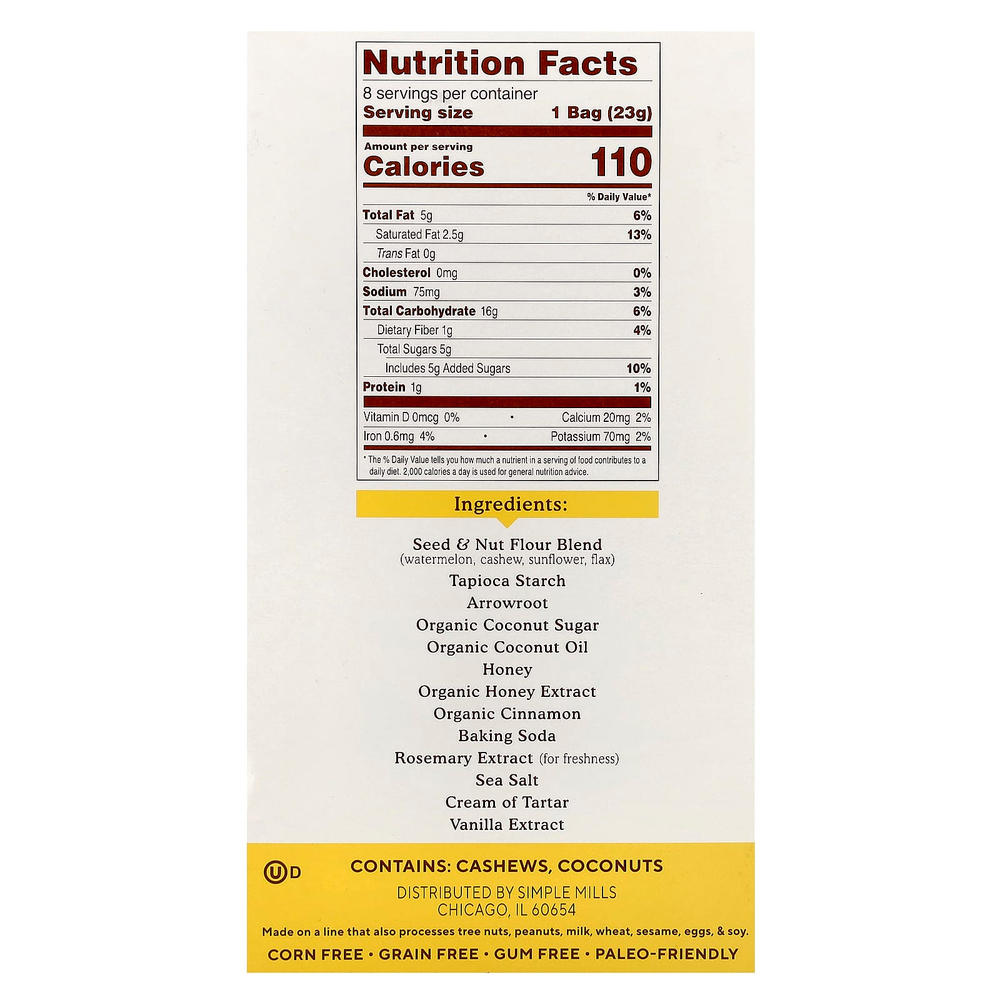 Simple Mills, Мука из семян и орехов, Sweet Thins®, мед и корица, 8 пакетиков по 23 г (0,8 унции)