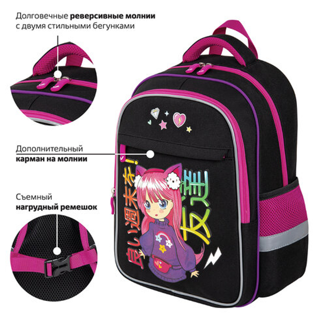 Рюкзак BRAUBERG FAVOUR, 2 отделения, 3 кармана, Anime girl, 40х29х15 см, 272059