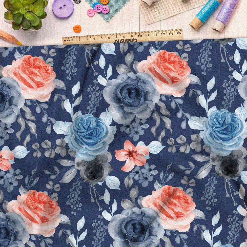 Ткань блэкаут голубые розы на синем