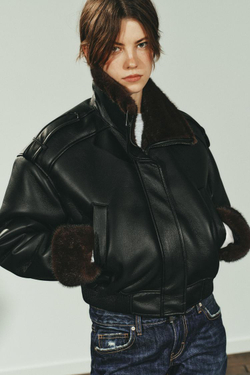 ZARA ДУБЛЕНКА-БОМБЕР ИЗ ИСКУССТВЕННОЙ КОЖИ, ЧЕРНЫЙ