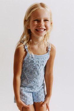 ZARA ТРИКОТАЖНЫЙ ТОП С БУСИНАМИ, НЕБЕСНО-ГОЛУБОЙ