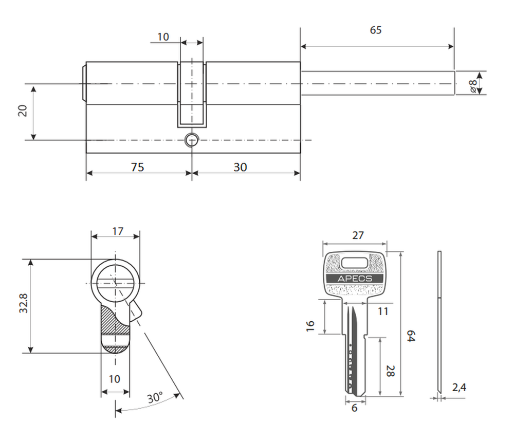 Цилиндровый механизм Apecs SM-105(30S/75)-S/65-NI