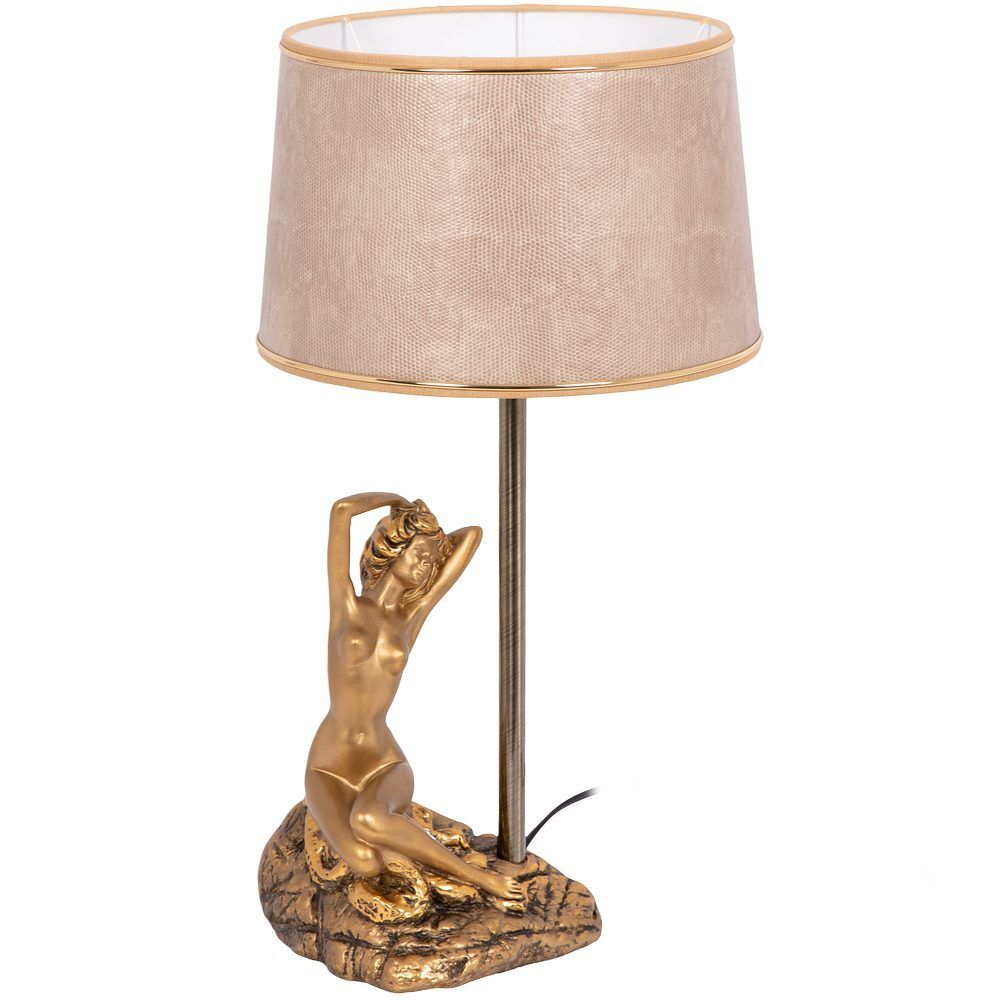 Настольная лампа Девушка на камне Бронза с абажуром Тюсо Игуана Беж