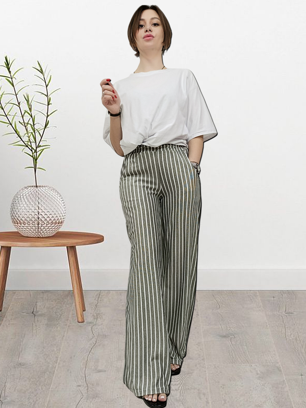 20623 Брюки-палаццо женские пике серо/белая полоска (56)