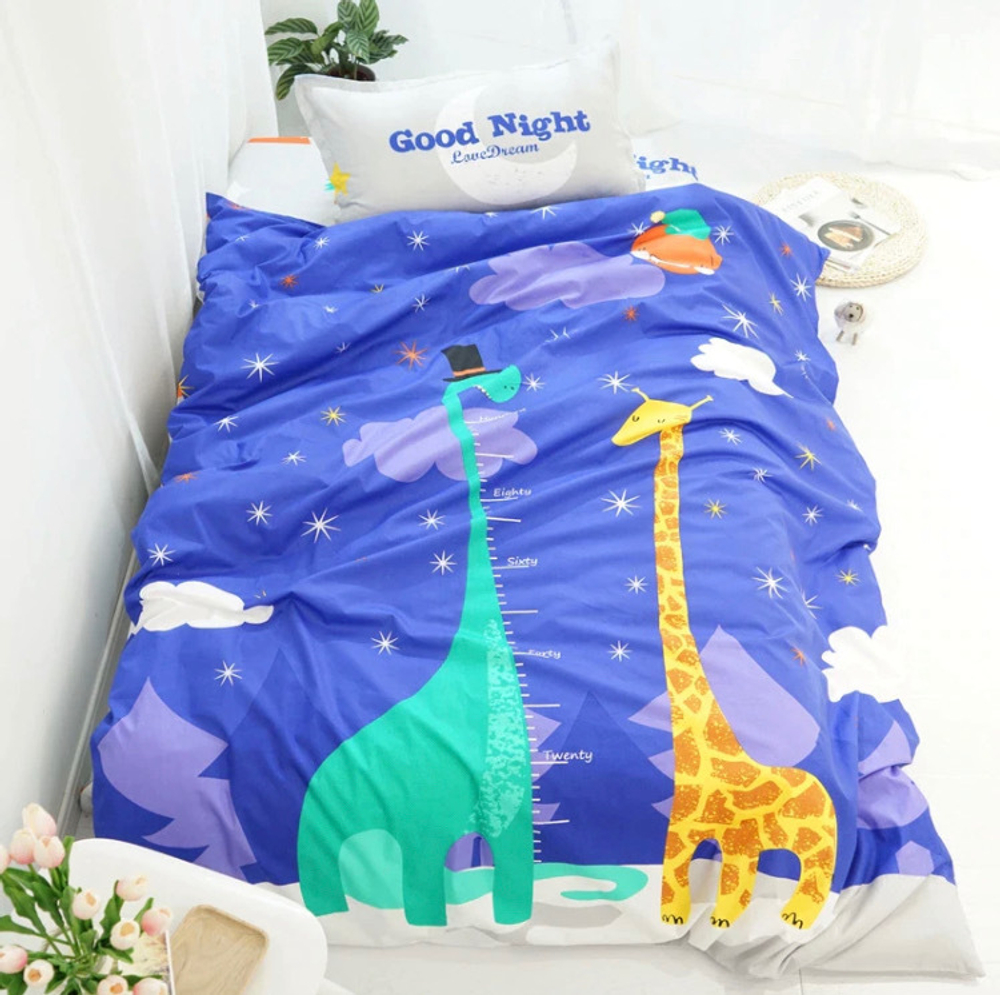 Постельное белье 1.5 Полуторка Сатин Детское Жирафы синие