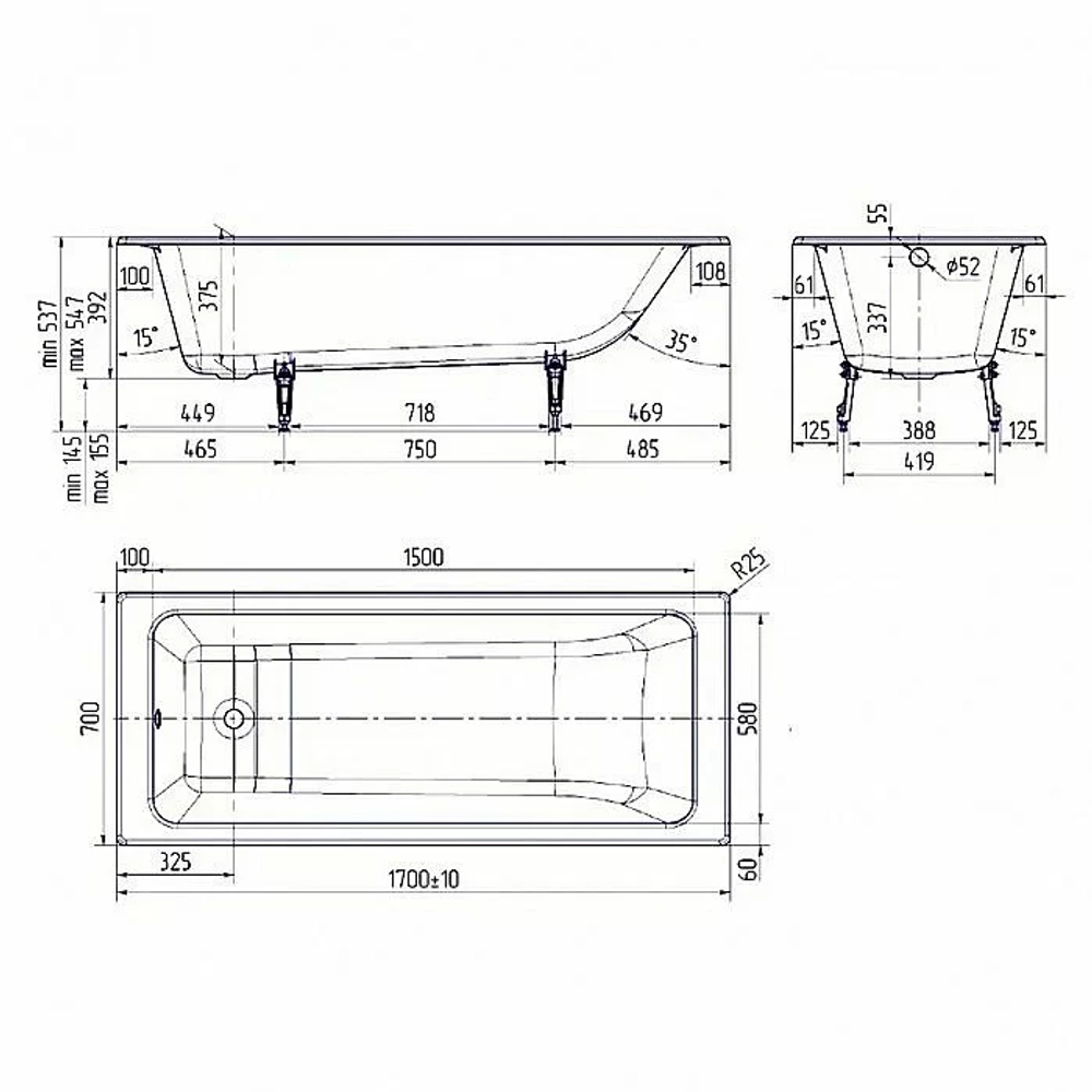 Ванна чугунная Delice PARALLEL Comfort DLR220505R-AS 170x70 белая с ручками
