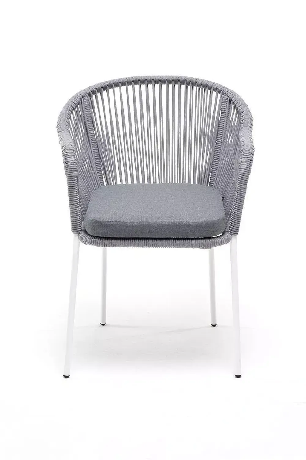 "Лион" стул плетеный из роупа, каркас из стали белый муар, роуп светло-серый круглый, ткань светло-серая