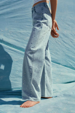 ZARA ДЖИНСЫ-БАНАНЫ TRF С ВЫСОКОЙ ПОСАДКОЙ И СТРАЗАМИ, ГОЛУБОЙ