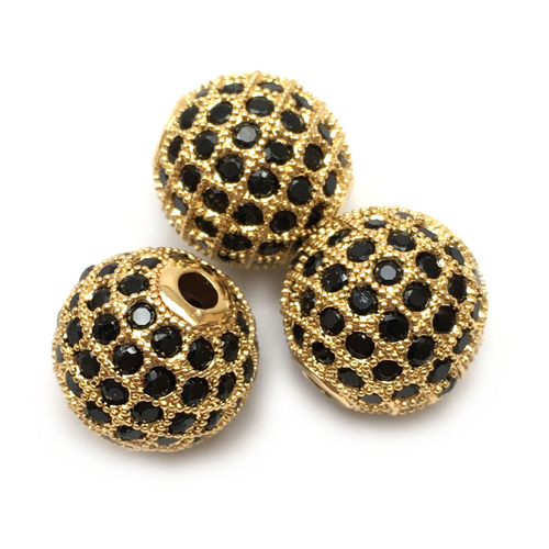 Бусины с черными фианитами 12 мм, позолота